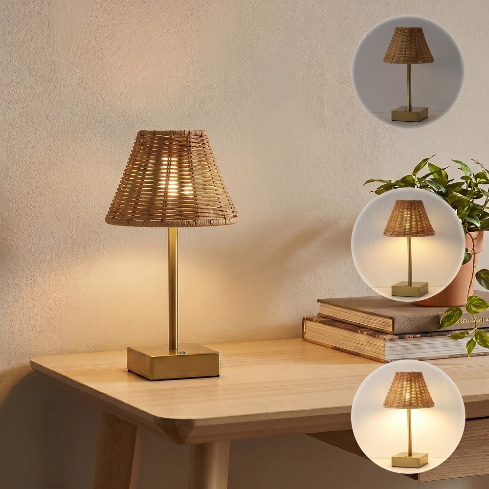 Drift 11.3 in. Coastal Bohemian Metal and Rattan Tapered Cordless Rechargeable Integrated Dimmable LED Table Lamp with Touch Sensor
