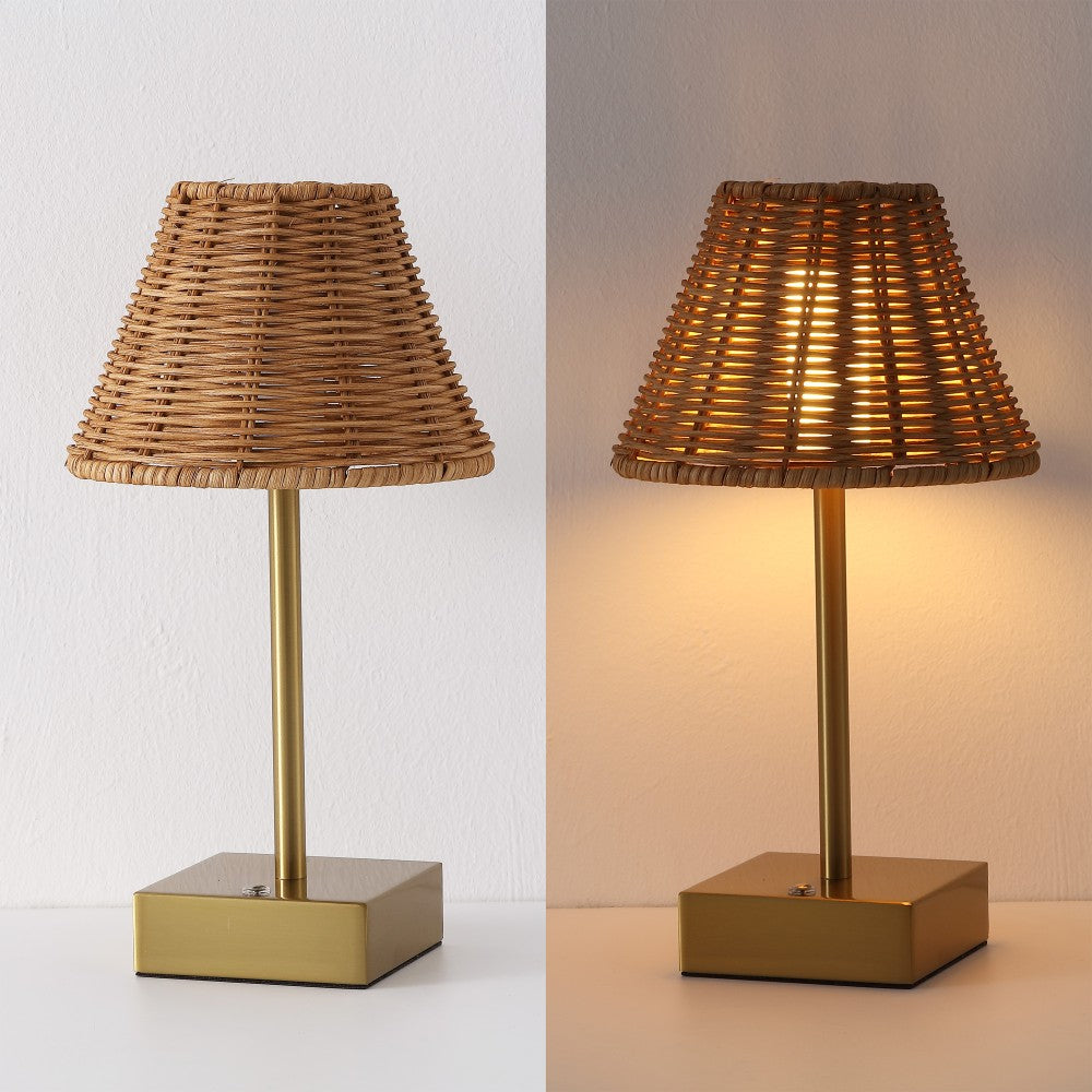 Drift 11.3 in. Coastal Bohemian Metal and Rattan Tapered Cordless Rechargeable Integrated Dimmable LED Table Lamp with Touch Sensor