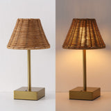 Drift 11.3 in. Coastal Bohemian Metal and Rattan Tapered Cordless Rechargeable Integrated Dimmable LED Table Lamp with Touch Sensor