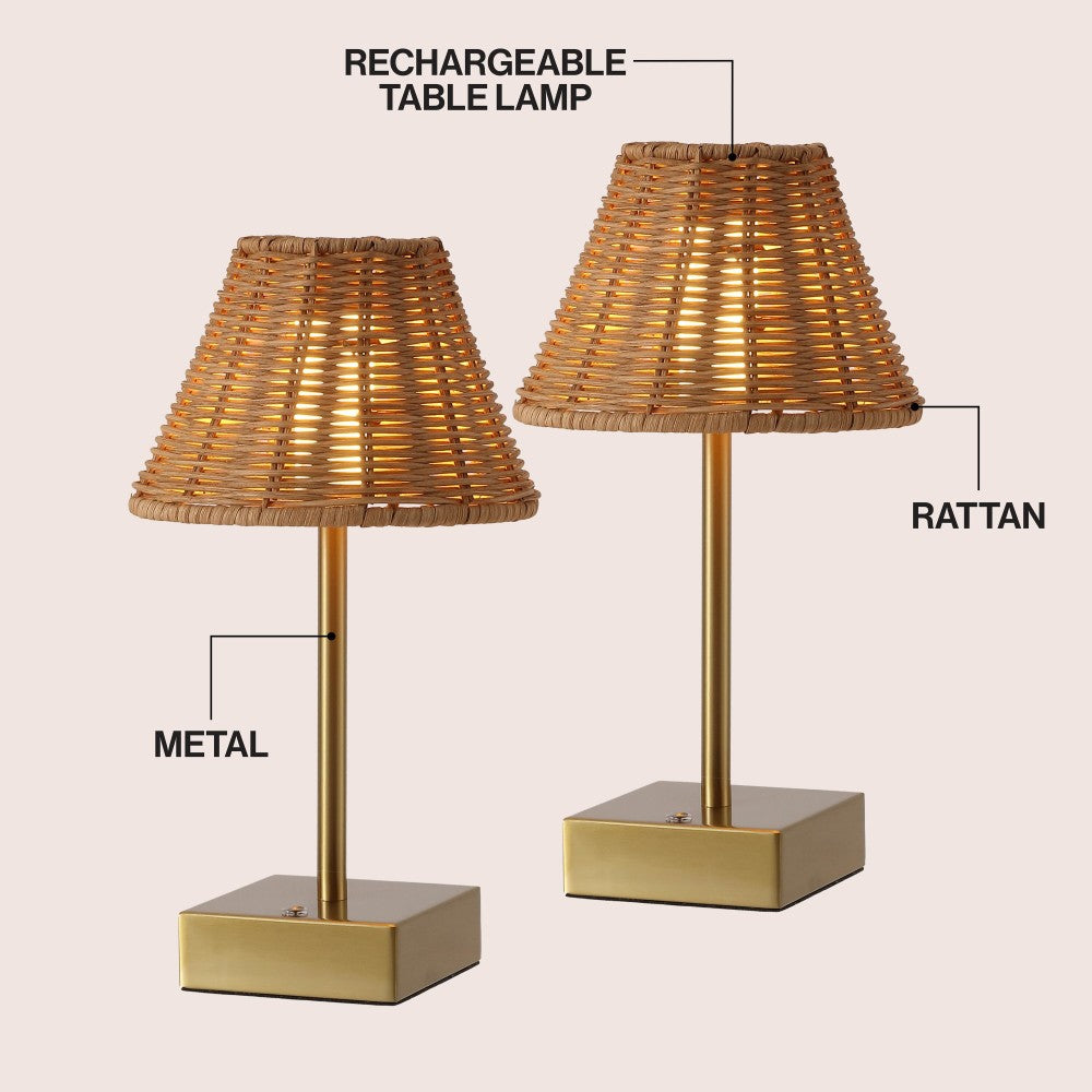 Drift 11.3 in. Coastal Bohemian Metal and Rattan Tapered Cordless Rechargeable Integrated Dimmable LED Table Lamp with Touch Sensor