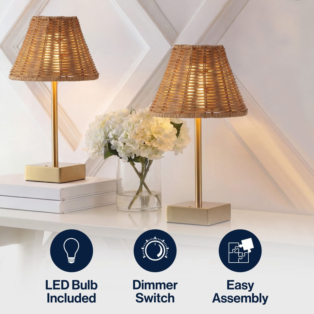 Drift 11.3 in. Coastal Bohemian Metal and Rattan Tapered Cordless Rechargeable Integrated Dimmable LED Table Lamp with Touch Sensor
