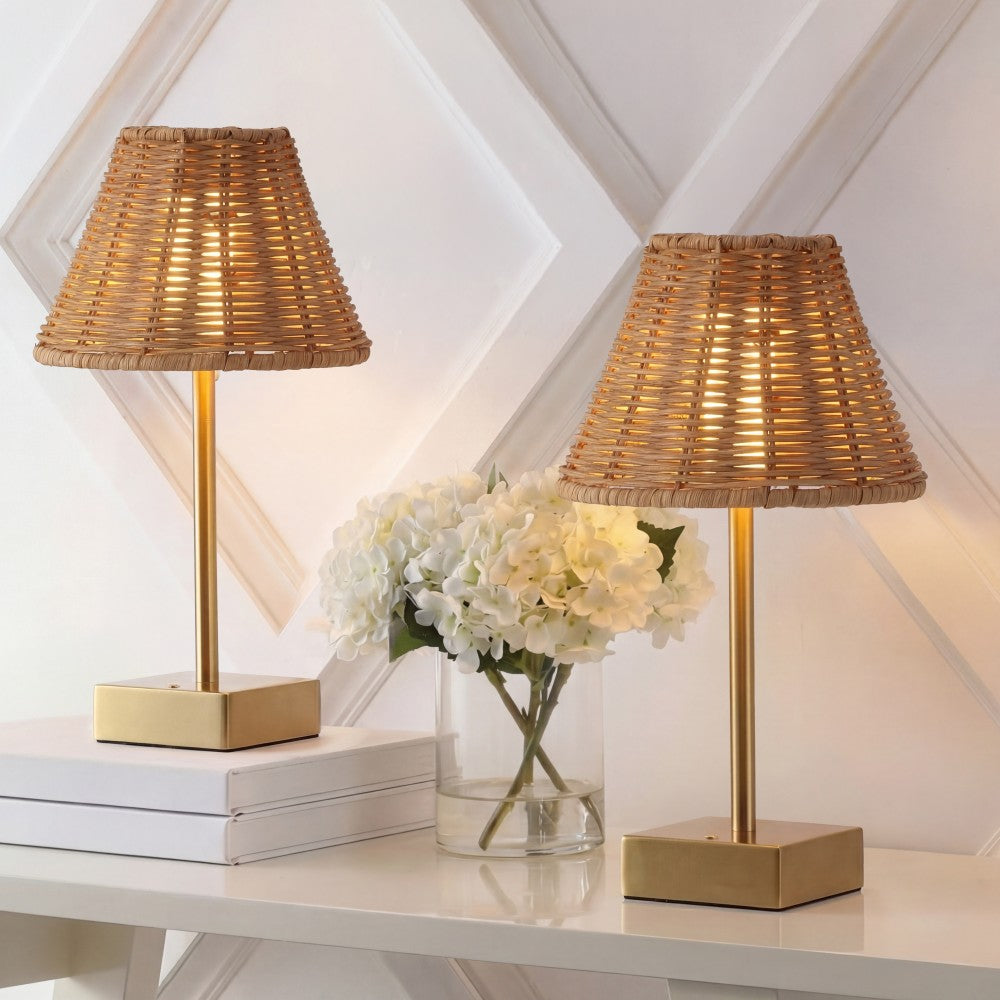 Drift 11.3 in. Coastal Bohemian Metal and Rattan Tapered Cordless Rechargeable Integrated Dimmable LED Table Lamp with Touch Sensor