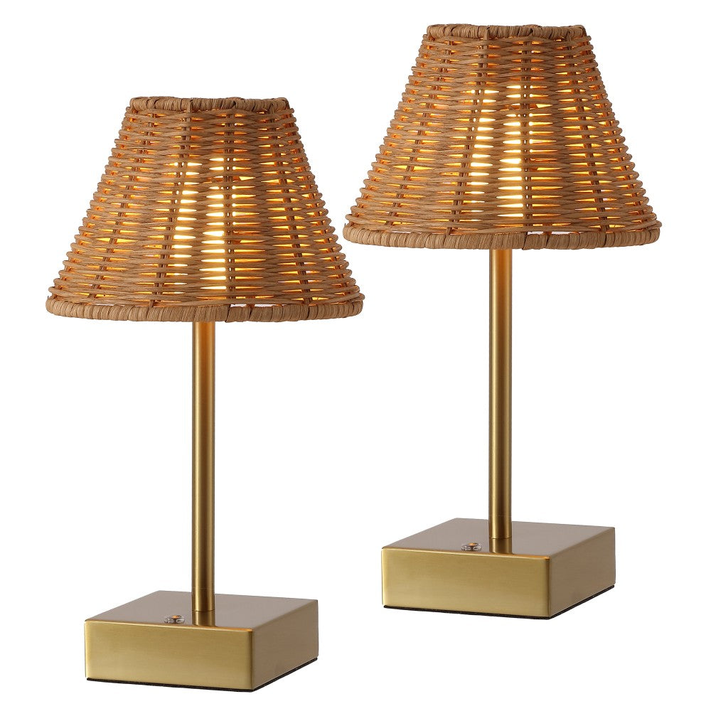 Drift 11.3 in. Coastal Bohemian Metal and Rattan Tapered Cordless Rechargeable Integrated Dimmable LED Table Lamp with Touch Sensor