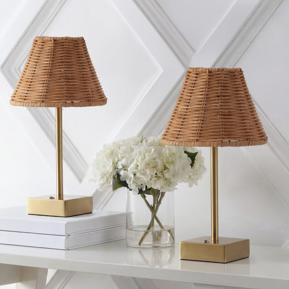 Drift 11.3 in. Coastal Bohemian Metal and Rattan Tapered Cordless Rechargeable Integrated Dimmable LED Table Lamp with Touch Sensor