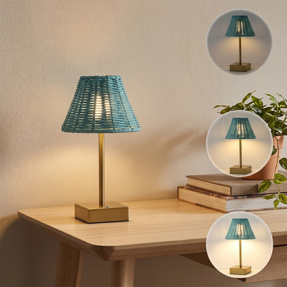 Drift 11.3 in. Coastal Bohemian Metal and Rattan Tapered Cordless Rechargeable Integrated Dimmable LED Table Lamp with Touch Sensor