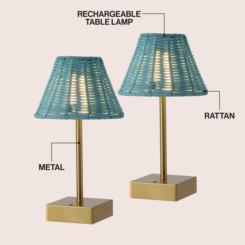 Drift 11.3 in. Coastal Bohemian Metal and Rattan Tapered Cordless Rechargeable Integrated Dimmable LED Table Lamp with Touch Sensor