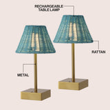 Drift 11.3 in. Coastal Bohemian Metal and Rattan Tapered Cordless Rechargeable Integrated Dimmable LED Table Lamp with Touch Sensor