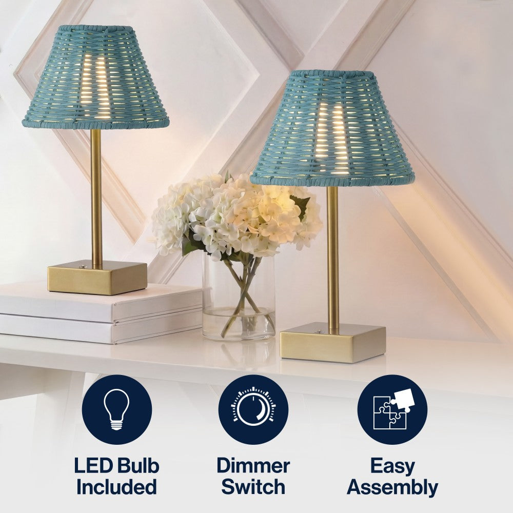 Drift 11.3 in. Coastal Bohemian Metal and Rattan Tapered Cordless Rechargeable Integrated Dimmable LED Table Lamp with Touch Sensor