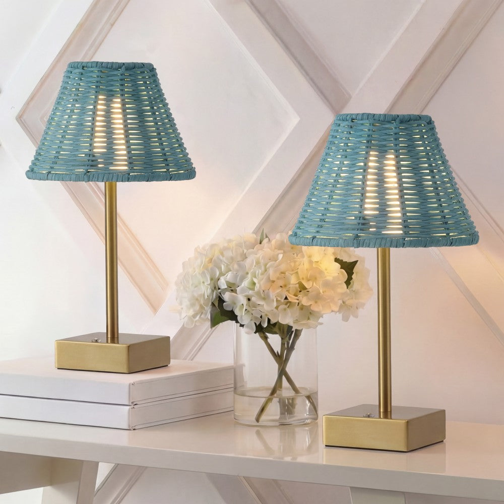 Drift 11.3 in. Coastal Bohemian Metal and Rattan Tapered Cordless Rechargeable Integrated Dimmable LED Table Lamp with Touch Sensor