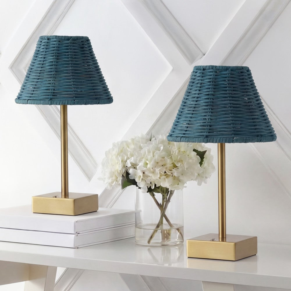 Drift 11.3 in. Coastal Bohemian Metal and Rattan Tapered Cordless Rechargeable Integrated Dimmable LED Table Lamp with Touch Sensor