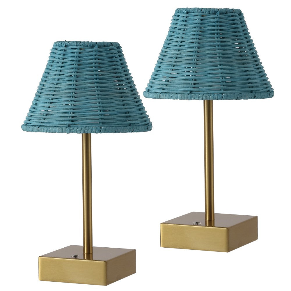 Drift 11.3 in. Coastal Bohemian Metal and Rattan Tapered Cordless Rechargeable Integrated Dimmable LED Table Lamp with Touch Sensor