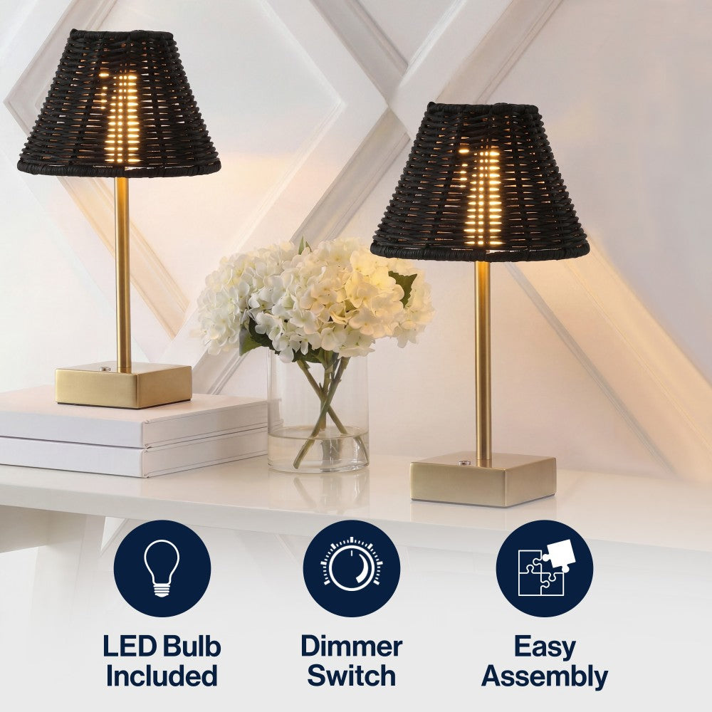 Drift 11.3 in. Coastal Bohemian Metal and Rattan Tapered Cordless Rechargeable Integrated Dimmable LED Table Lamp with Touch Sensor