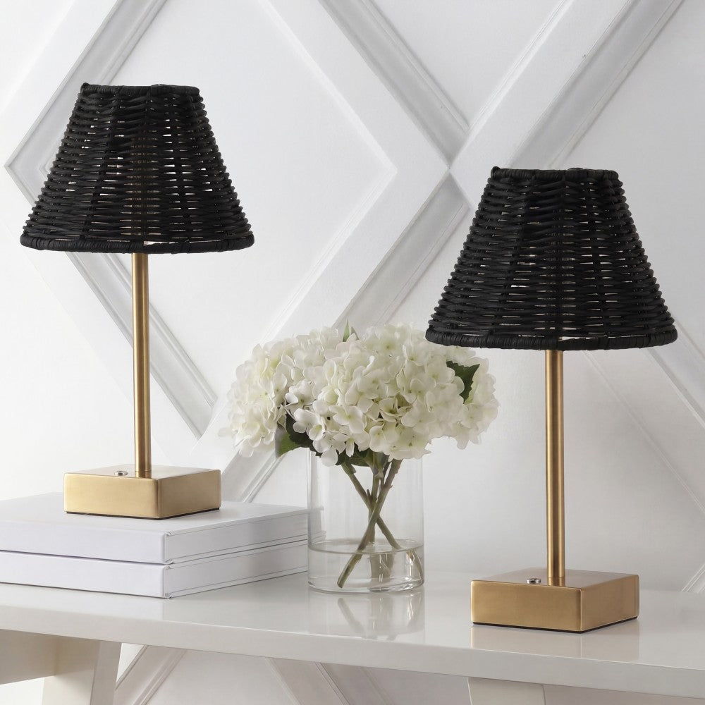 Drift 11.3 in. Coastal Bohemian Metal and Rattan Tapered Cordless Rechargeable Integrated Dimmable LED Table Lamp with Touch Sensor
