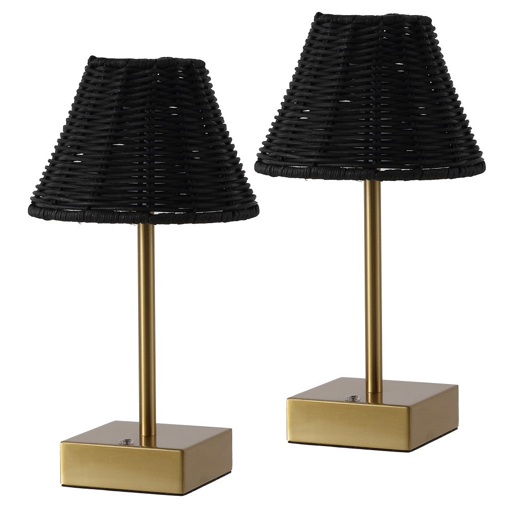 Drift 11.3 in. Coastal Bohemian Metal and Rattan Tapered Cordless Rechargeable Integrated Dimmable LED Table Lamp with Touch Sensor