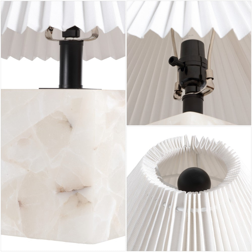 Hermin 16.5" Contemporary Minimalist Geometric Sculptural Alabaster Cube Metal LED Table Lamp with Nightlight Base and Pleated Shade
