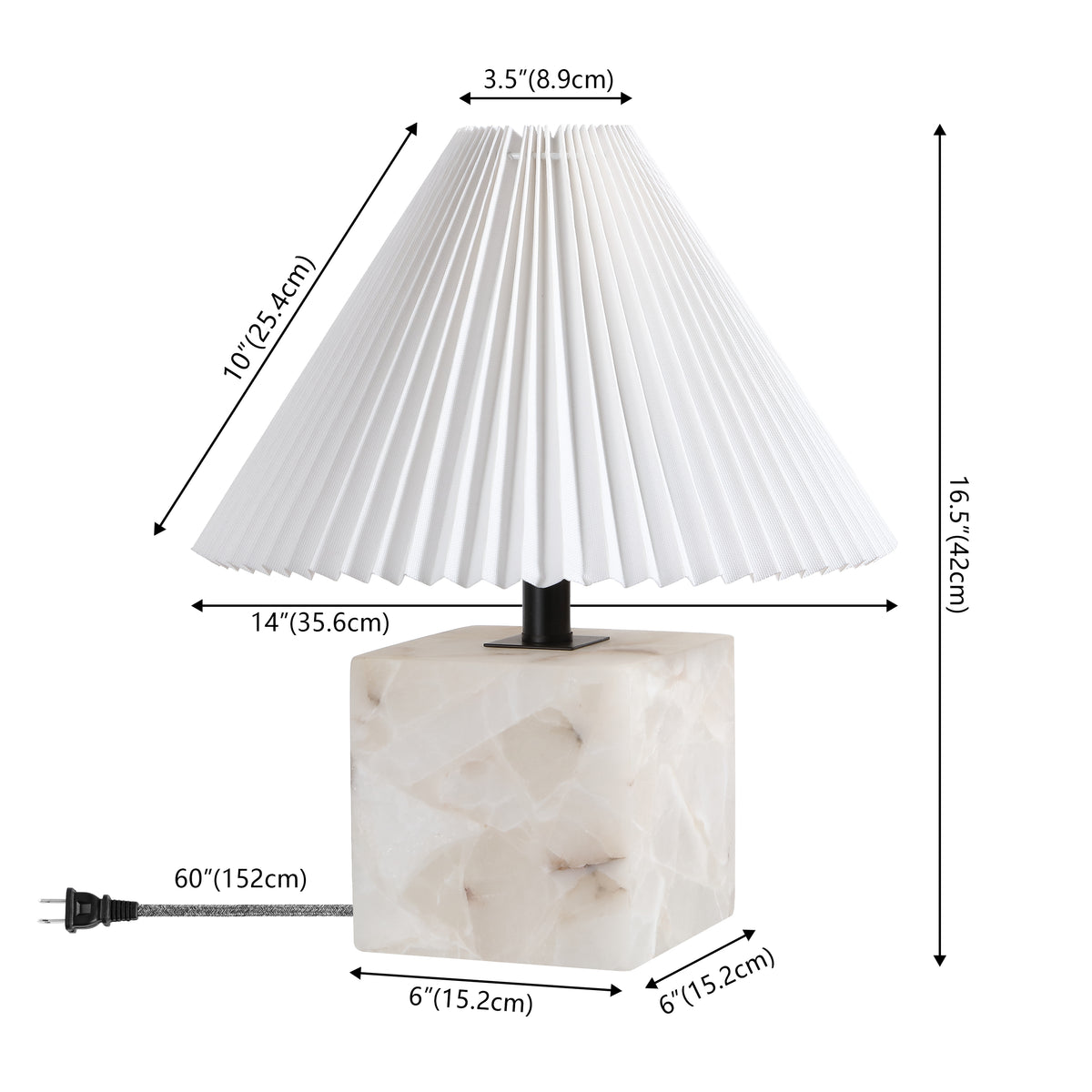 Hermin 16.5" Contemporary Minimalist Geometric Sculptural Alabaster Cube Metal LED Table Lamp with Nightlight Base and Pleated Shade