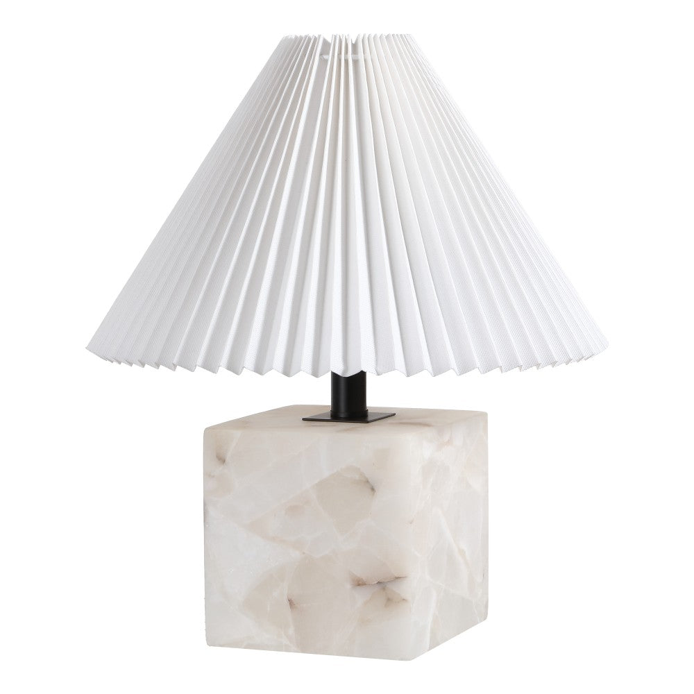 Hermin 16.5" Contemporary Minimalist Geometric Sculptural Alabaster Cube Metal LED Table Lamp with Nightlight Base and Pleated Shade