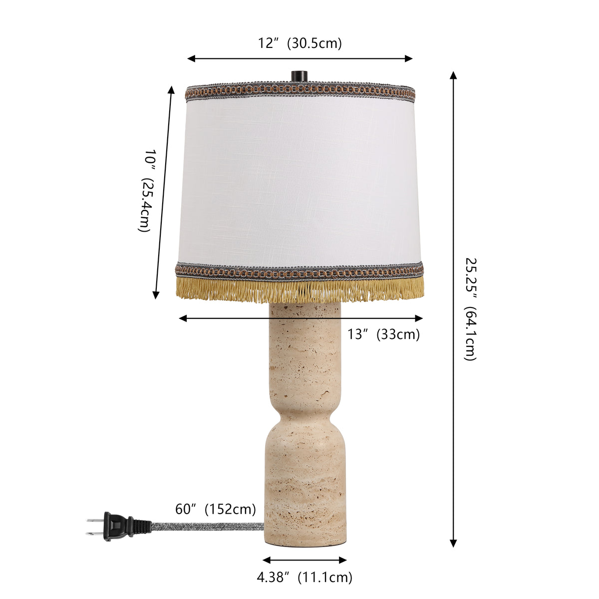 Lacy 25.25" Organic Modern Sculptural Hourglass Travertine Stone with Fringed Drum Shade LED Table Lamp