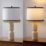 Lacy 25.25" Organic Modern Sculptural Hourglass Travertine Stone with Fringed Drum Shade LED Table Lamp
