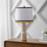 Lacy 25.25" Organic Modern Sculptural Hourglass Travertine Stone with Fringed Drum Shade LED Table Lamp
