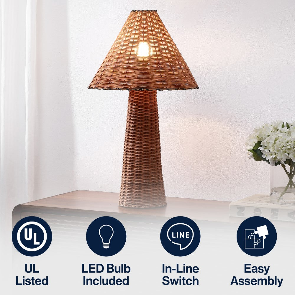 Phoenix 26.5" Modern Coastal Woven Rattan Tapered Cylinder LED Table Lamp