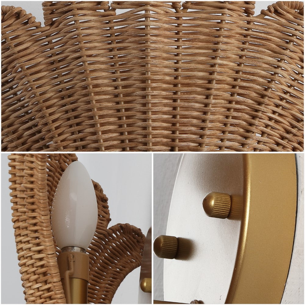 Pine 11.5" Vintage Coastal 1-Light Rattan Scallop Shell LED Wall Sconce Set 2