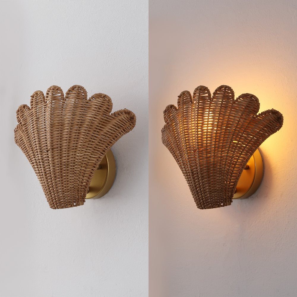 Pine 11.5" Vintage Coastal 1-Light Rattan Scallop Shell LED Wall Sconce Set 2