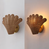Pine 11.5" Vintage Coastal 1-Light Rattan Scallop Shell LED Wall Sconce Set 2
