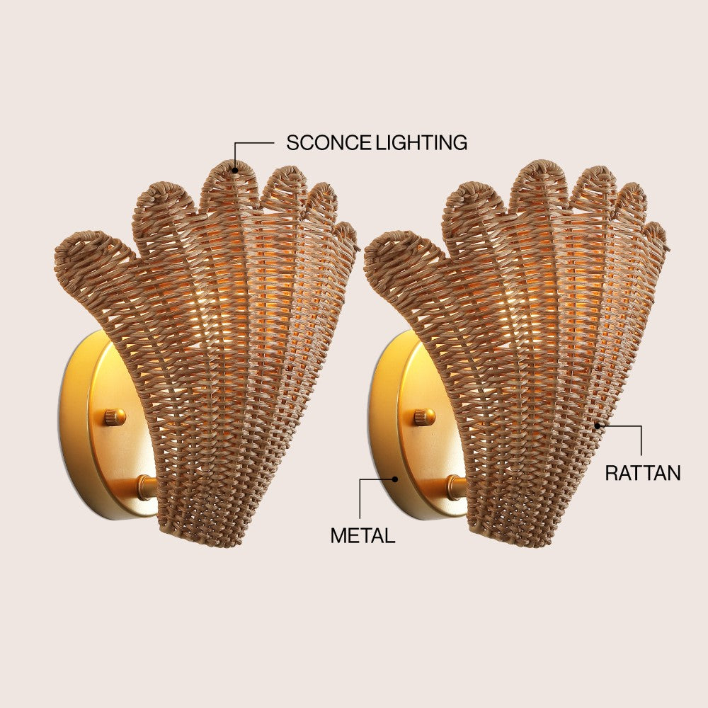 Pine 11.5" Vintage Coastal 1-Light Rattan Scallop Shell LED Wall Sconce Set 2