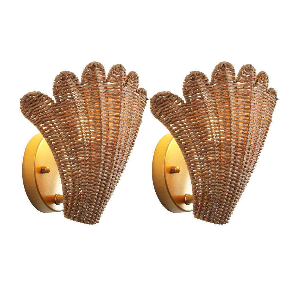 Pine 11.5" Vintage Coastal 1-Light Rattan Scallop Shell LED Wall Sconce Set 2