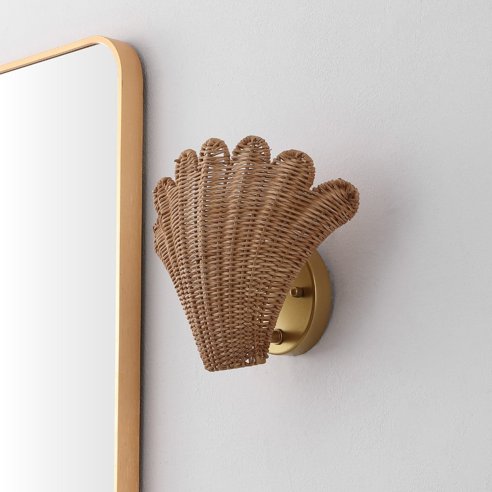 Pine 11.5" Vintage Coastal 1-Light Rattan Scallop Shell LED Wall Sconce Set 2