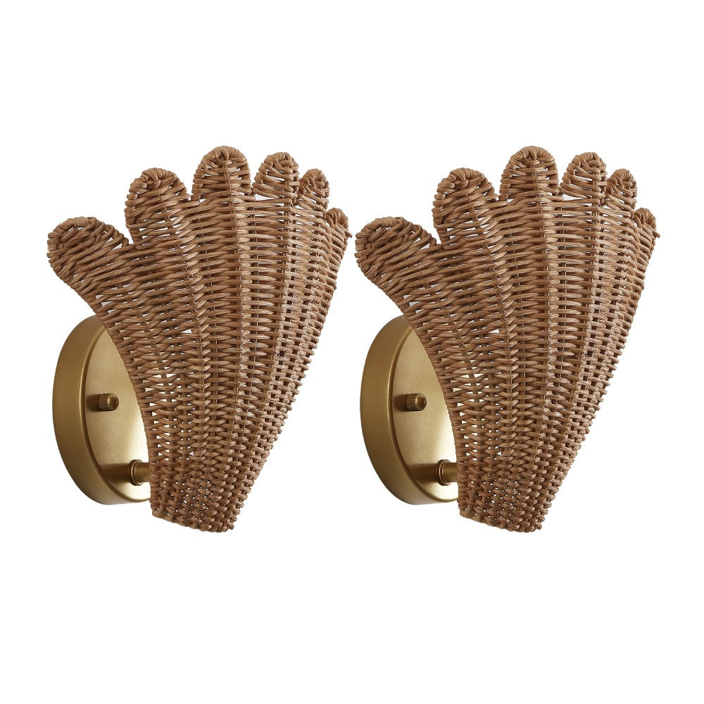 Pine 11.5" Vintage Coastal 1-Light Rattan Scallop Shell LED Wall Sconce Set 2
