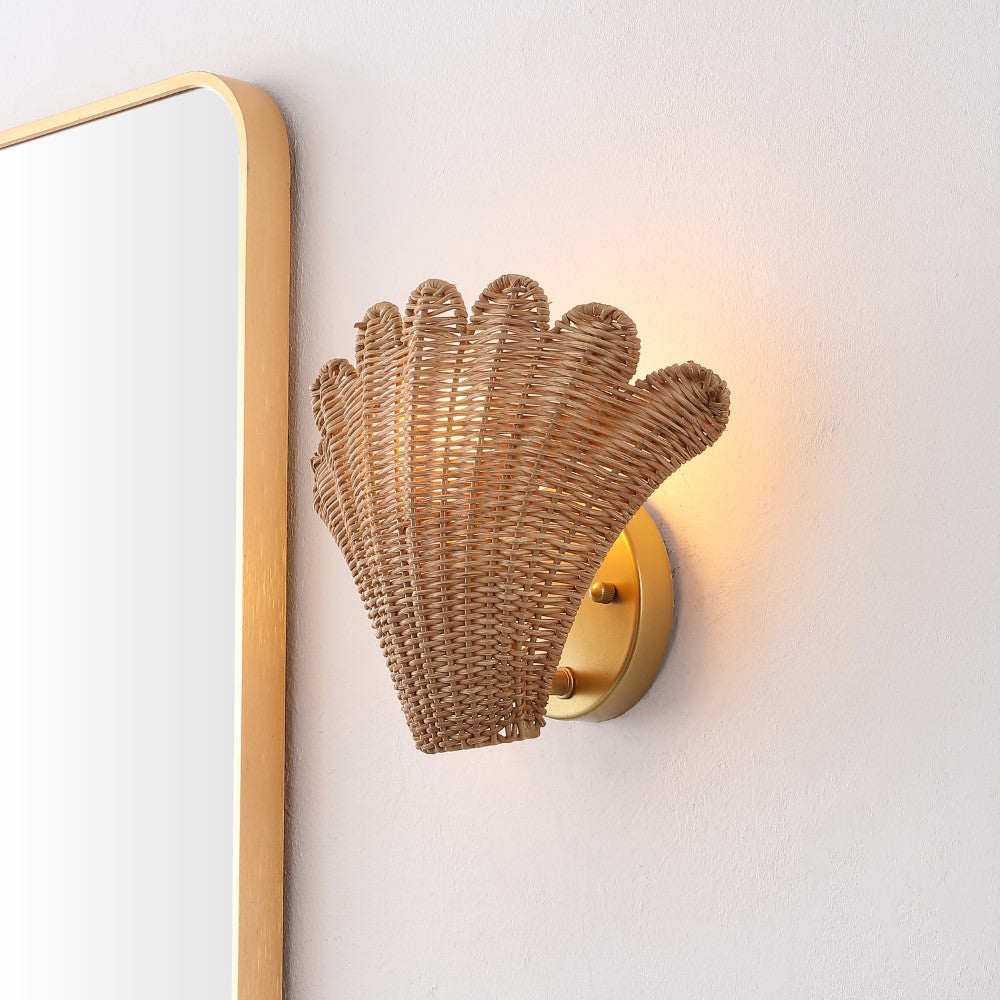 Pine 11.5" Vintage Coastal 1-Light Rattan Scallop Shell LED Wall Sconce Set 2