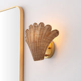 Pine 11.5" Vintage Coastal 1-Light Rattan Scallop Shell LED Wall Sconce Set 2