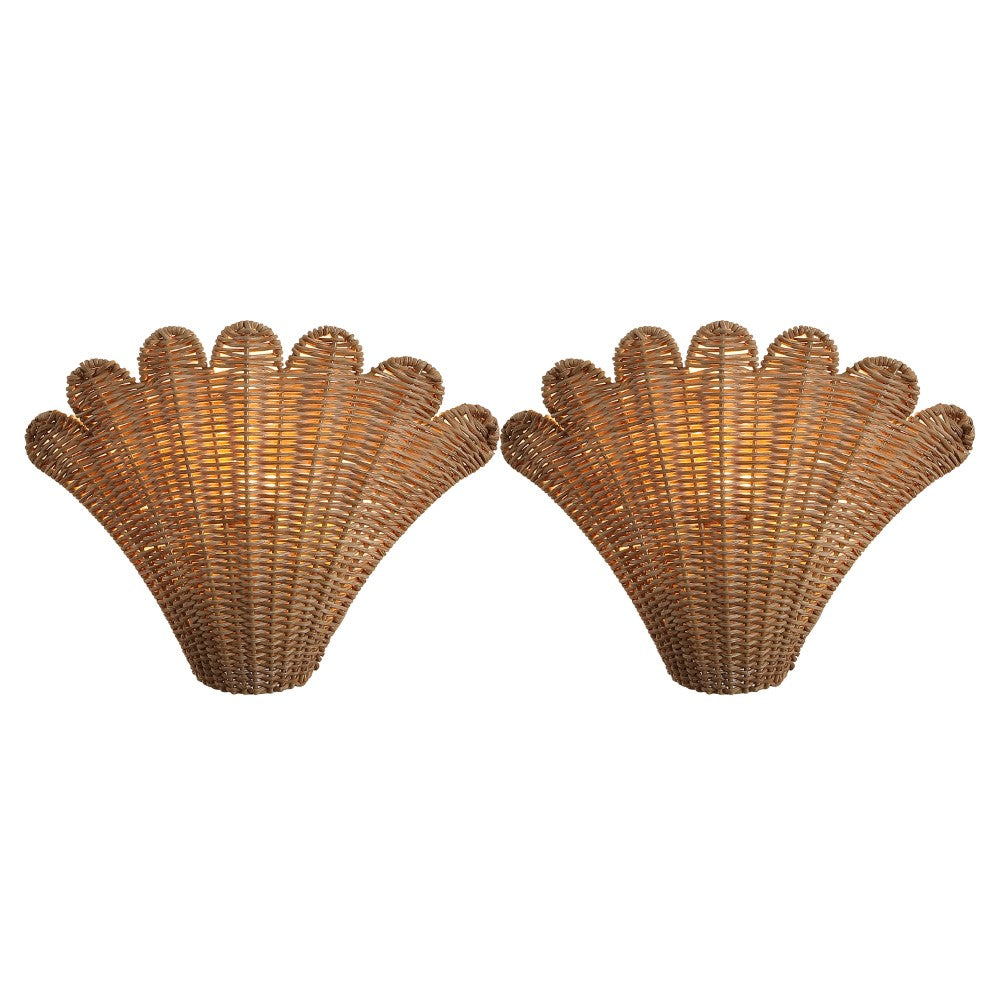 Pine 11.5" Vintage Coastal 1-Light Rattan Scallop Shell LED Wall Sconce Set 2