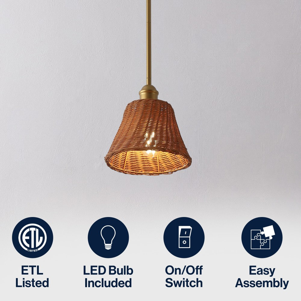 Larkspur 1-Light Coastal Bohemian Metal and Woven Rattan LED Pendant Light