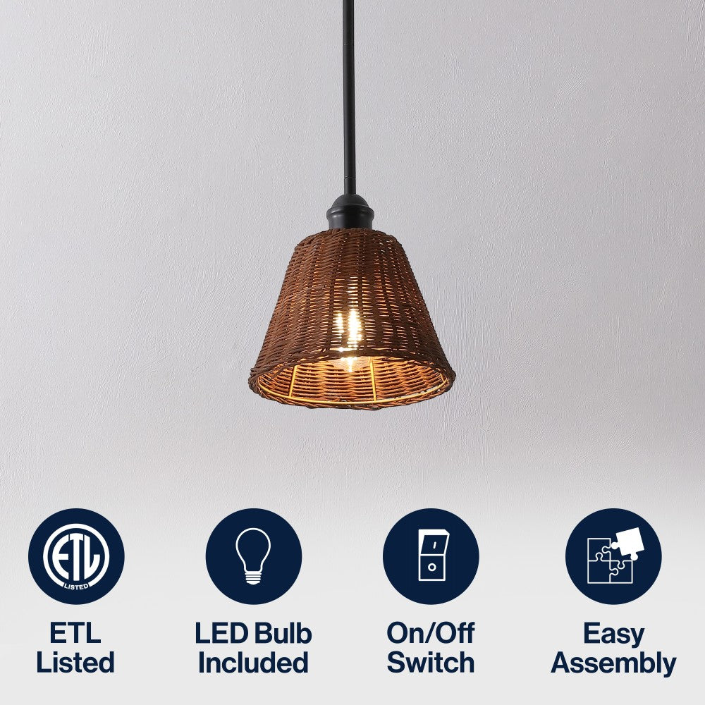 Larkspur 1-Light Coastal Bohemian Metal and Woven Rattan LED Pendant Light