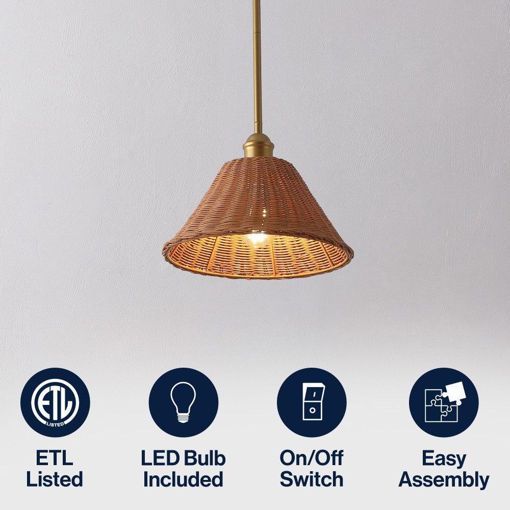 Larkspur 1-Light Coastal Bohemian Metal and Woven Rattan LED Pendant Light