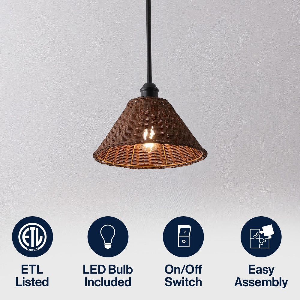 Larkspur 1-Light Coastal Bohemian Metal and Woven Rattan LED Pendant Light