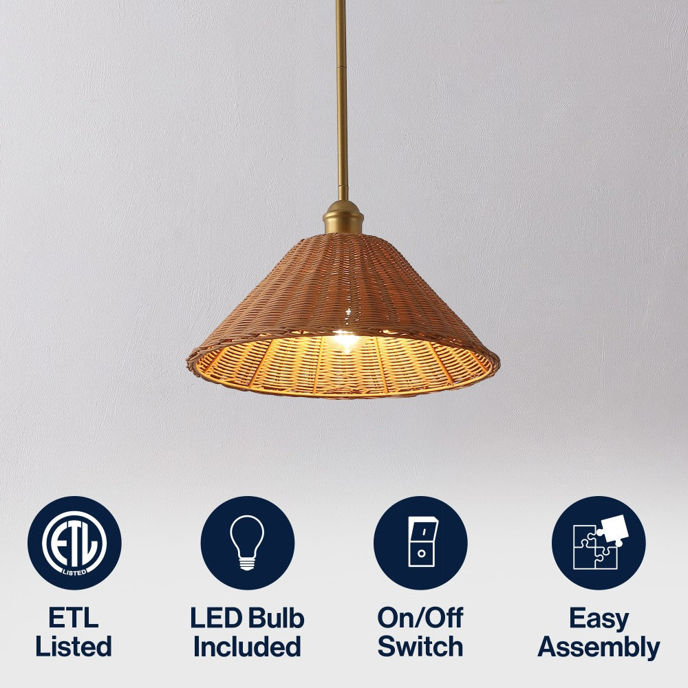 Larkspur 1-Light Coastal Bohemian Metal and Woven Rattan LED Pendant Light