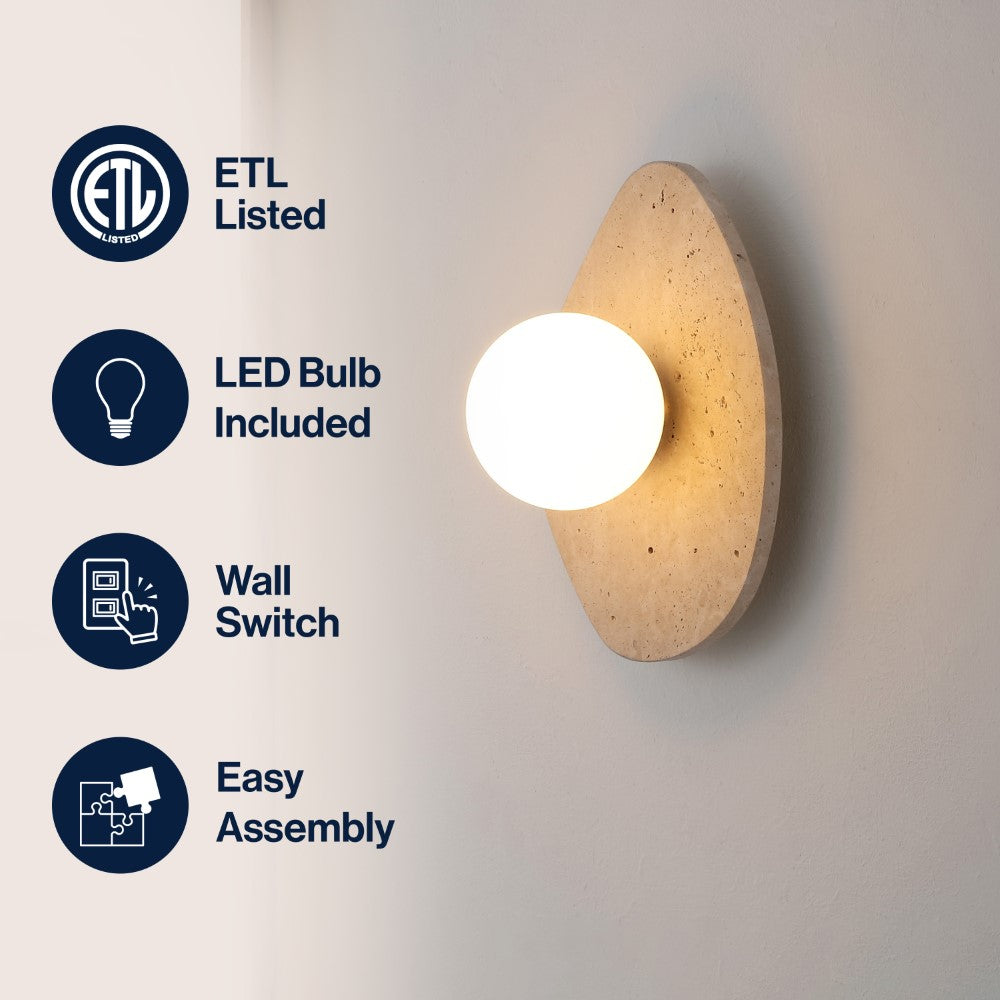 Coral 12" Modern Minimalist 1-Light Ovoid Travertine LED Wall Sconce