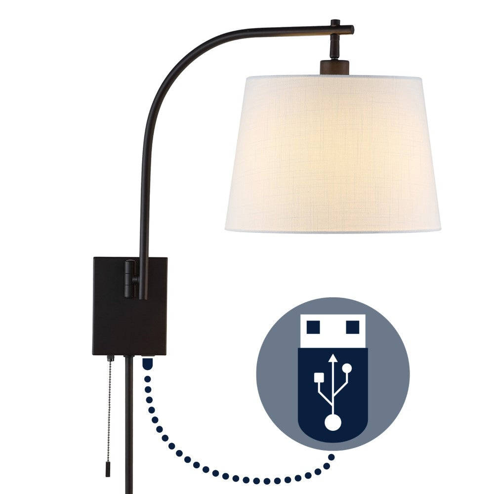 Solaris 22.5" Mid-Century Modern Plug-In or Hardwired Iron LED Gooseneck Swing Arm Wall Sconce with Pull-Chain and USB Charging Port