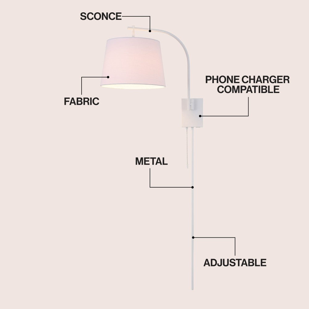 Solaris 22.5" Mid-Century Modern Plug-In or Hardwired Iron LED Gooseneck Swing Arm Wall Sconce with Pull-Chain and USB Charging Port