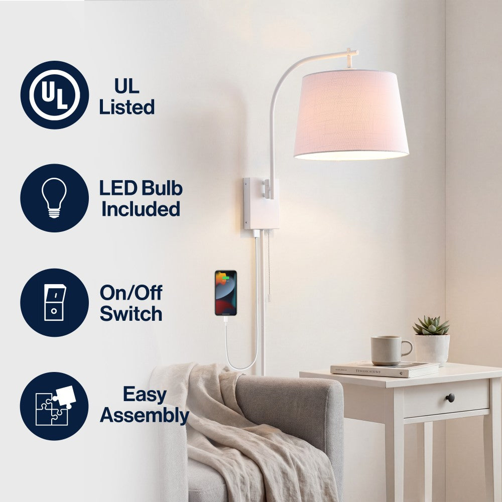 Solaris 22.5" Mid-Century Modern Plug-In or Hardwired Iron LED Gooseneck Swing Arm Wall Sconce with Pull-Chain and USB Charging Port
