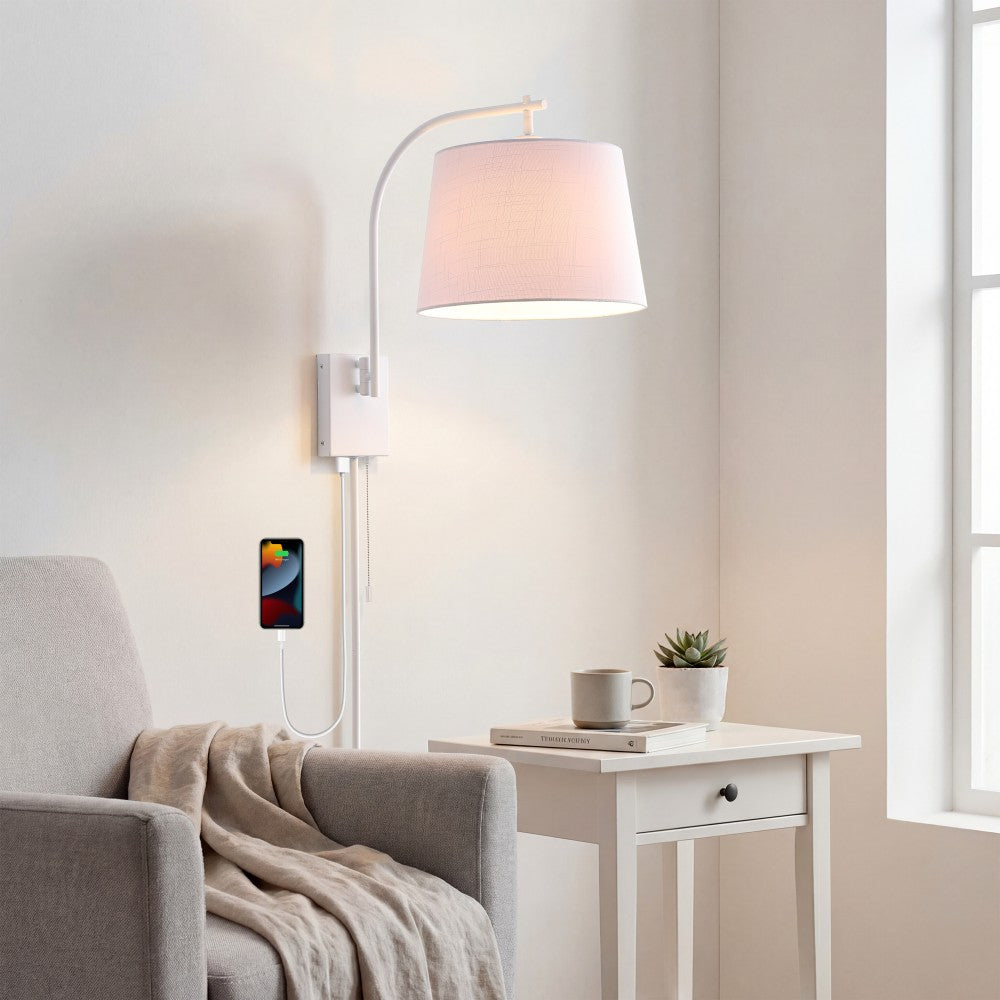 Solaris 22.5" Mid-Century Modern Plug-In or Hardwired Iron LED Gooseneck Swing Arm Wall Sconce with Pull-Chain and USB Charging Port
