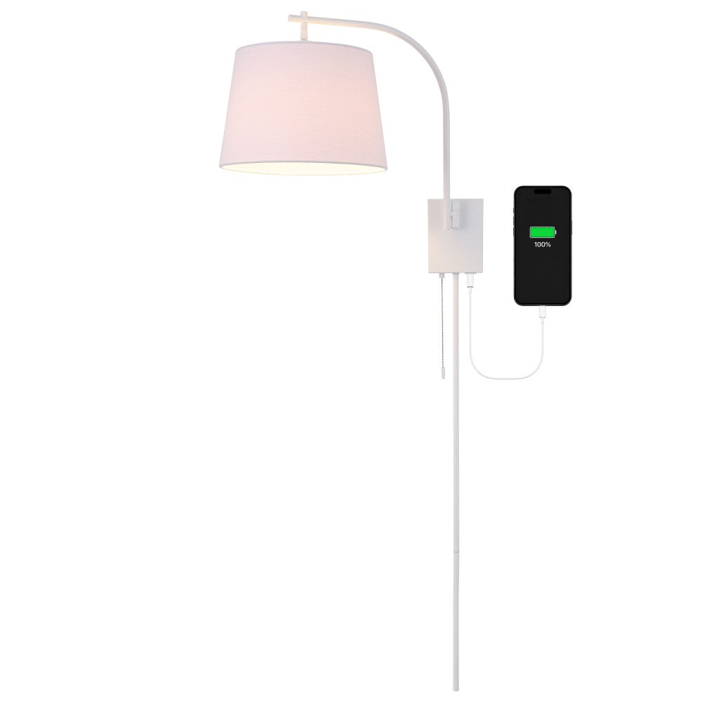 Solaris 22.5" Mid-Century Modern Plug-In or Hardwired Iron LED Gooseneck Swing Arm Wall Sconce with Pull-Chain and USB Charging Port