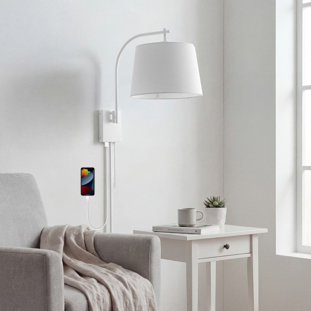 Solaris 22.5" Mid-Century Modern Plug-In or Hardwired Iron LED Gooseneck Swing Arm Wall Sconce with Pull-Chain and USB Charging Port