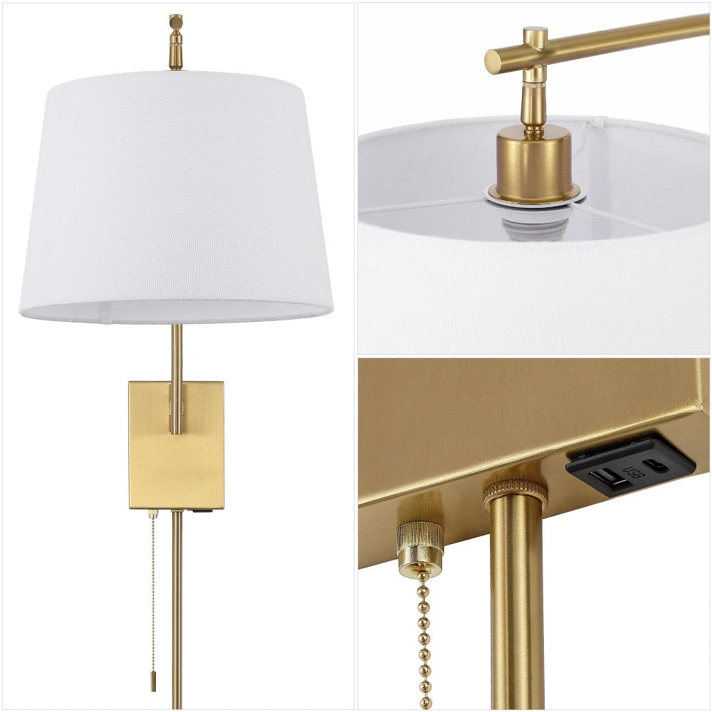 Solaris 22.5" Mid-Century Modern Plug-In or Hardwired Iron LED Gooseneck Swing Arm Wall Sconce with Pull-Chain and USB Charging Port