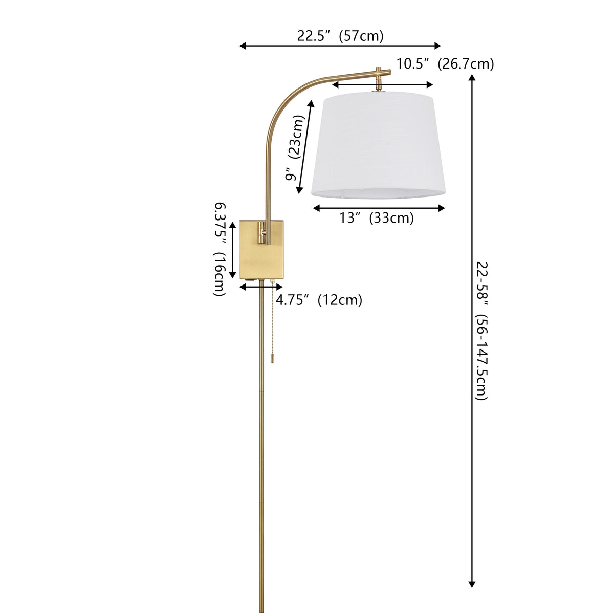 Solaris 22.5" Mid-Century Modern Plug-In or Hardwired Iron LED Gooseneck Swing Arm Wall Sconce with Pull-Chain and USB Charging Port
