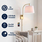 Solaris 22.5" Mid-Century Modern Plug-In or Hardwired Iron LED Gooseneck Swing Arm Wall Sconce with Pull-Chain and USB Charging Port